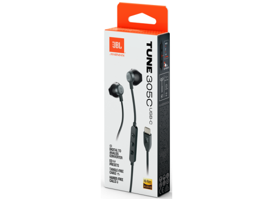 JBL TUNE 305C USB Wired Hi-Res Headphones, 12.5 mm Dynamic Driver, EQ Presets Control, Tangle-free Flat Cable, 20Hz-40 kHz Frequency Response, Built-in Mic, USB-C Connectivity, Black